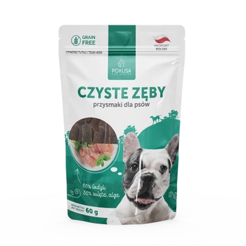 POKUSA NATURAL SNACKS - CLEAN TEETH húscsíkok pulykahússal, mentával és algával 60 g