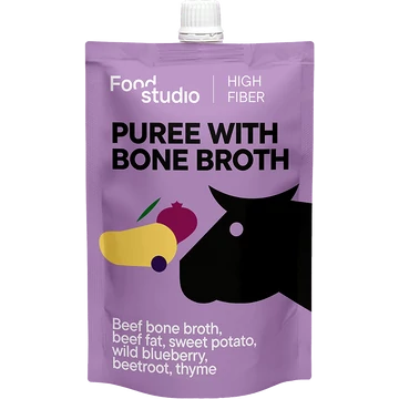 Food Studio püré marha csontlével, céklapéppel, vad áfonyával és édesburgonyával