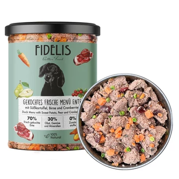 FIDELIS - Főtt friss kacsa édesburgonyával, körtével és áfonyával 400g