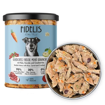 FIDELIS - Főtt friss nyúl menü rizzsel, sárgarépával és áfonyával 400g