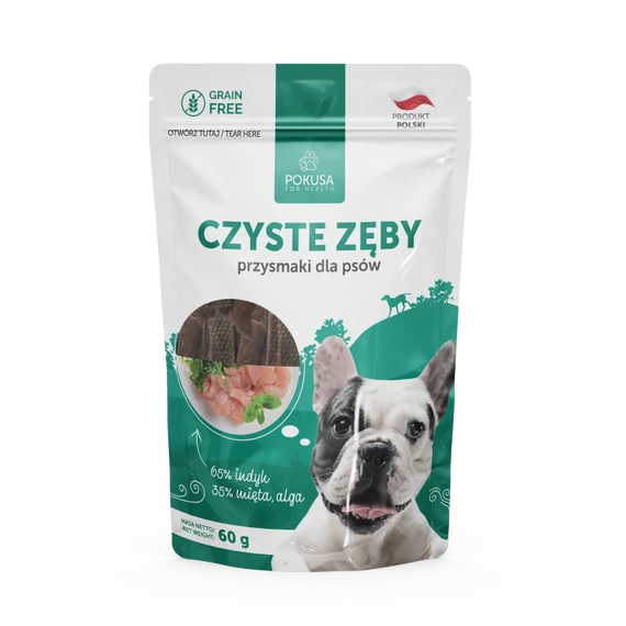 POKUSA NATURAL SNACKS - CLEAN TEETH húscsíkok pulykahússal, mentával és algával 60 g