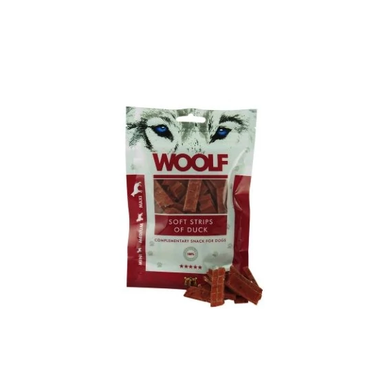 Woolf Soft strips of Duck puha jutalomfalat kacsahús darabok kutyáknak 100g