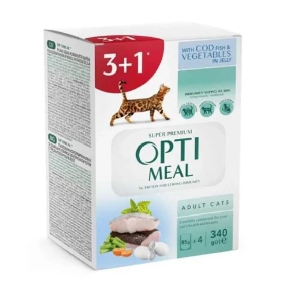 Optimeal Super Premium teljes értékű nedves táp macskáknak - tőkehal és zöldség 3+1*85g