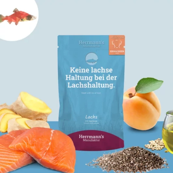 Lazac párolt menü kutyáknak - bio sárgabarack, bio chia mag 150 g, Herrmanns