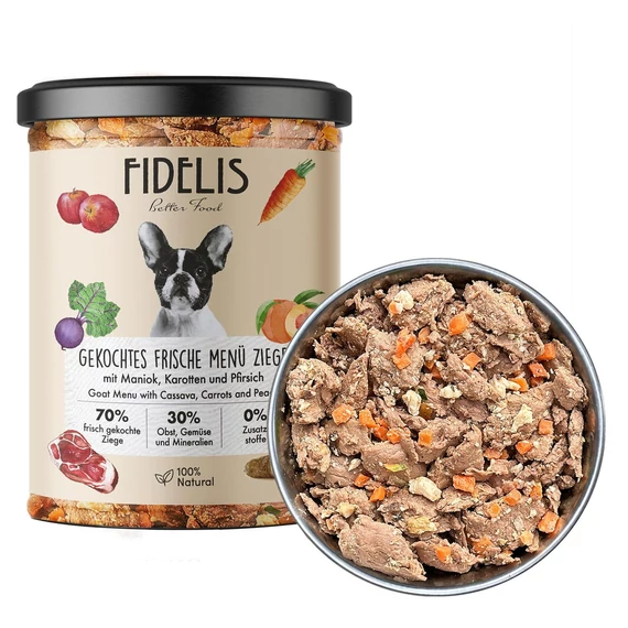 FIDELIS - Főtt friss kecske, maniókával, sárgarépával és barackkal 400g
