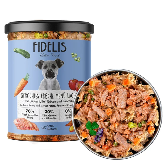 FIDELIS - Főtt friss lazac édesburgonyával, borsóval és cukkinivel 400g