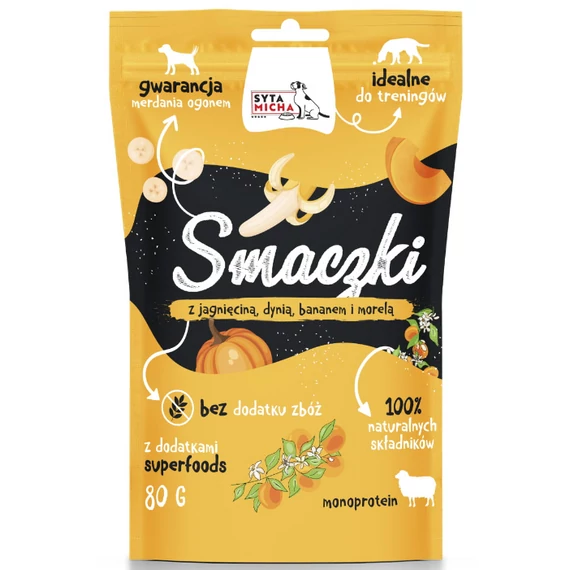 Syta Micha jutalomfalat kutyáknak bárányhússal, sütőtökkel, banánnal és sárgabarackkal 80g
