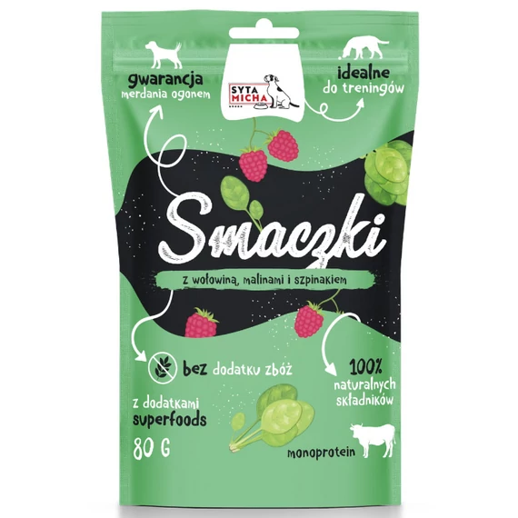Syta Micha jutalomfalat kutyáknak marhahússal, málnával és spenóttal 80g