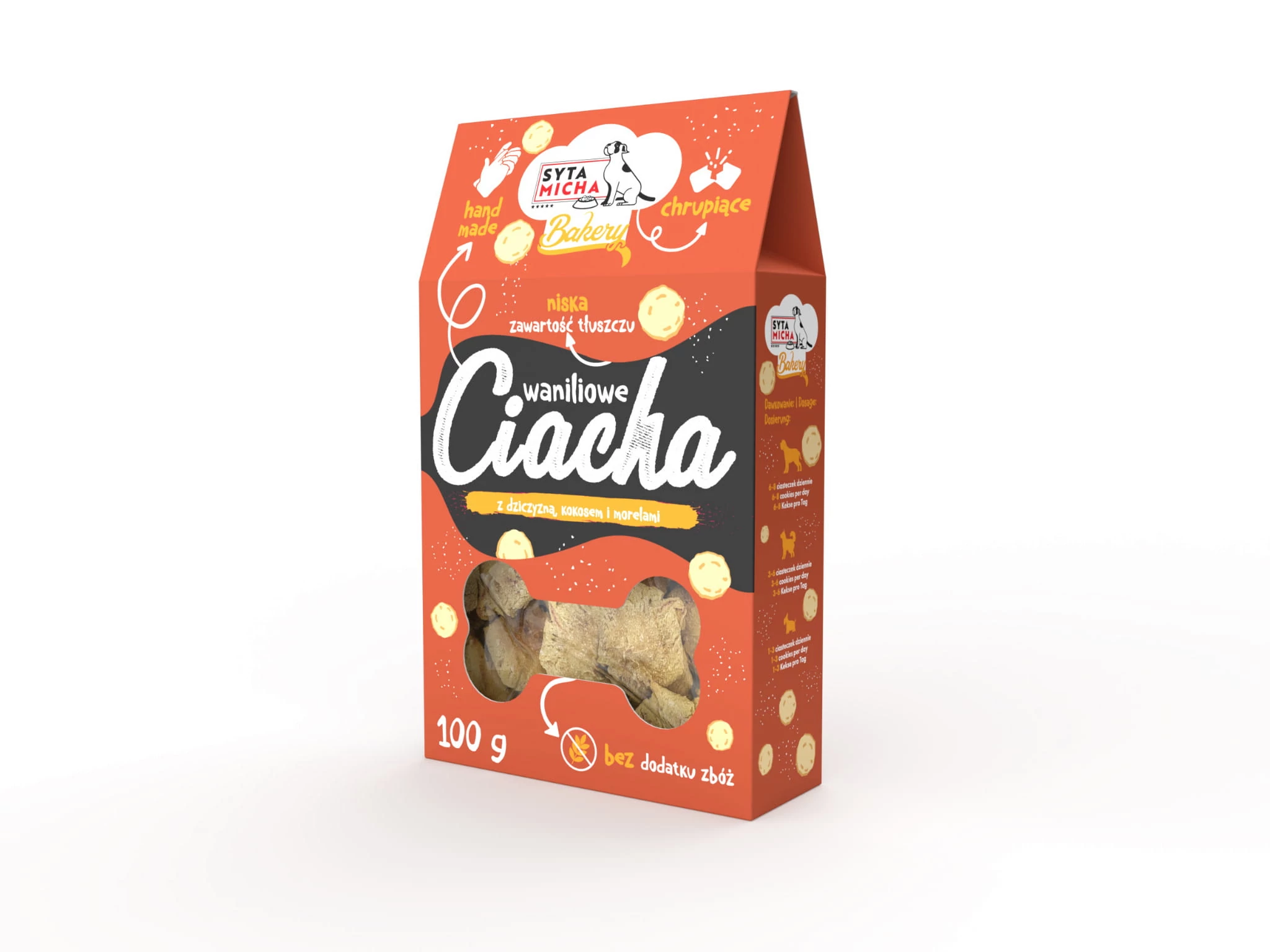 Syta Micha Dog Bakery Vanilla Cookies vaníliás kutyasüti szarvashússal, kókusszal és sárgabarackkal 100g