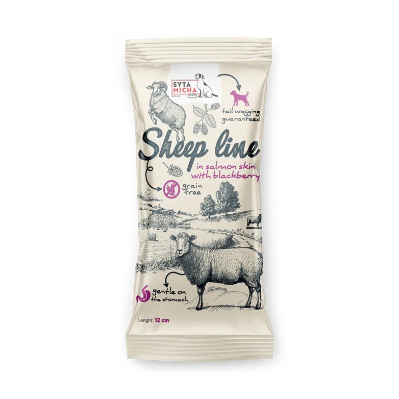 Syta Micha Sheep Line bárány és lazacbőr rágóka feketeszederrel 12 cm