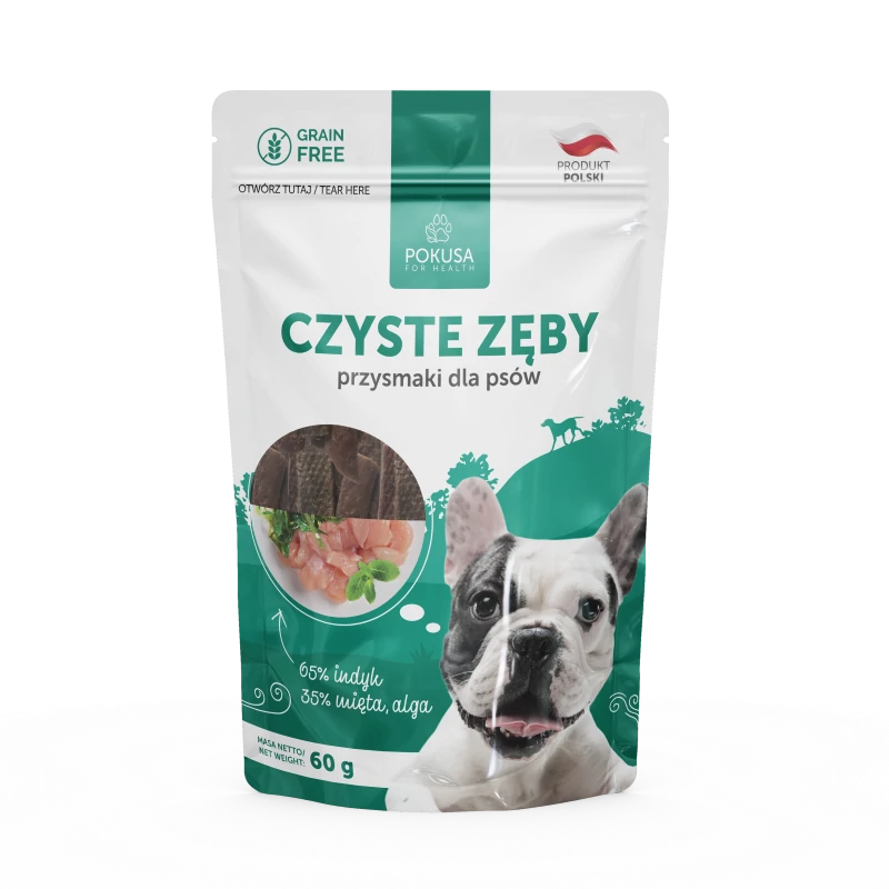 POKUSA NATURAL SNACKS - CLEAN TEETH húscsíkok pulykahússal, mentával és algával 60 g