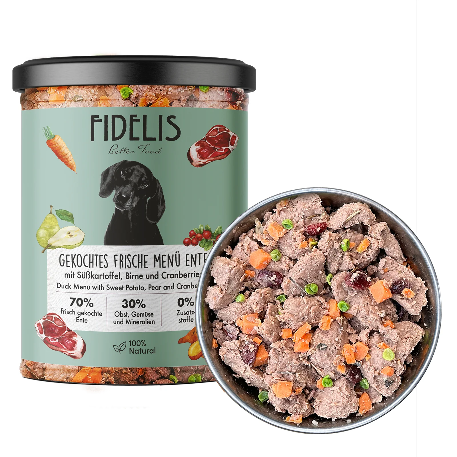 FIDELIS - Főtt friss kacsa édesburgonyával, körtével és áfonyával 400g