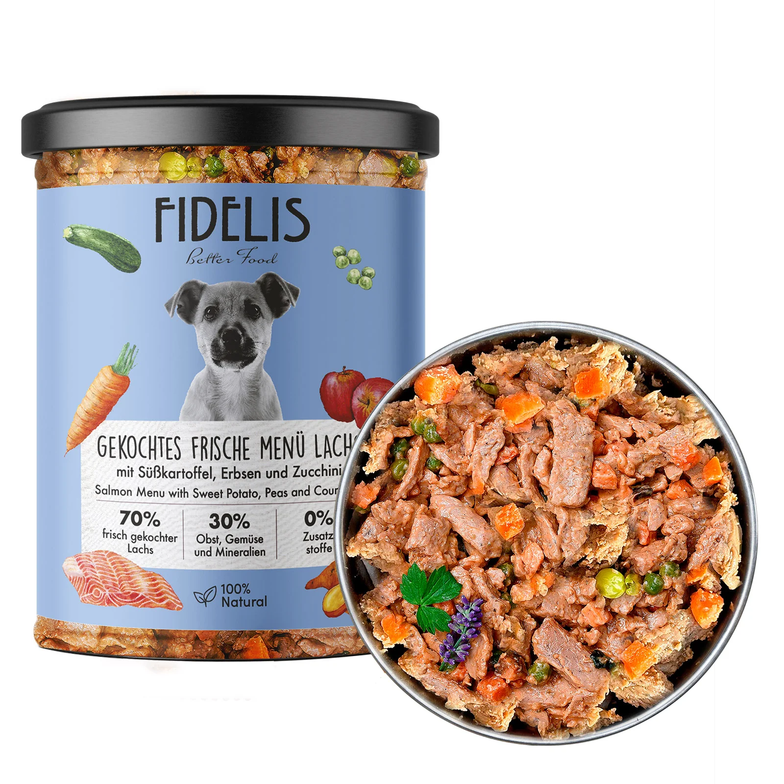 FIDELIS - Főtt friss lazac édesburgonyával, borsóval és cukkinivel 400g