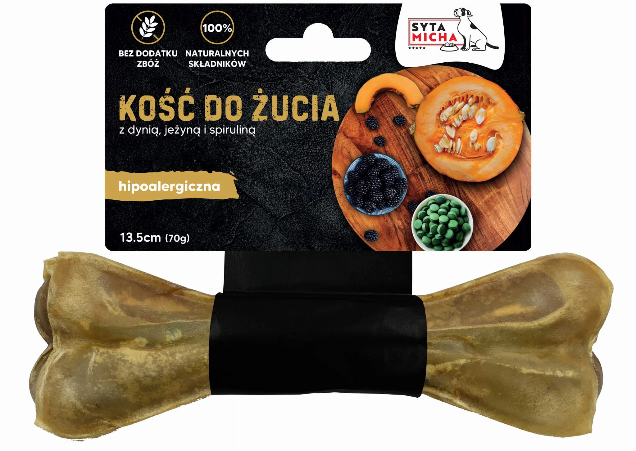 Syta Micha rágócsont hipoallergén lóbőrből, tökkel, spirulinával és szederrel 13,5 cm