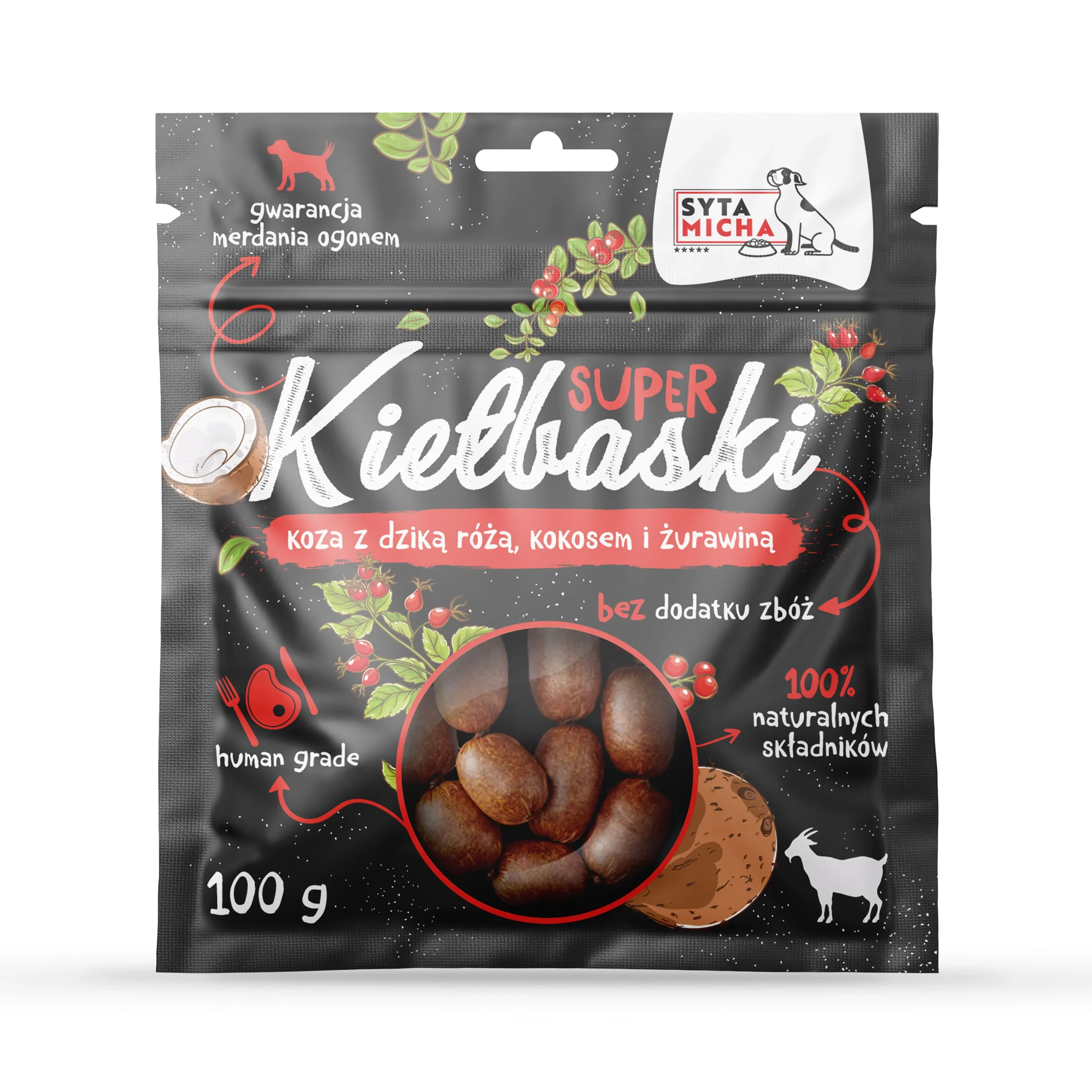 Syta Micha kolbászka kutyáknak kecskével, vadrózsával és kókuszdióval 100g
