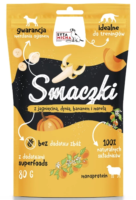 Syta Micha jutalomfalat kutyáknak bárányhússal, sütőtökkel, banánnal és sárgabarackkal 80g
