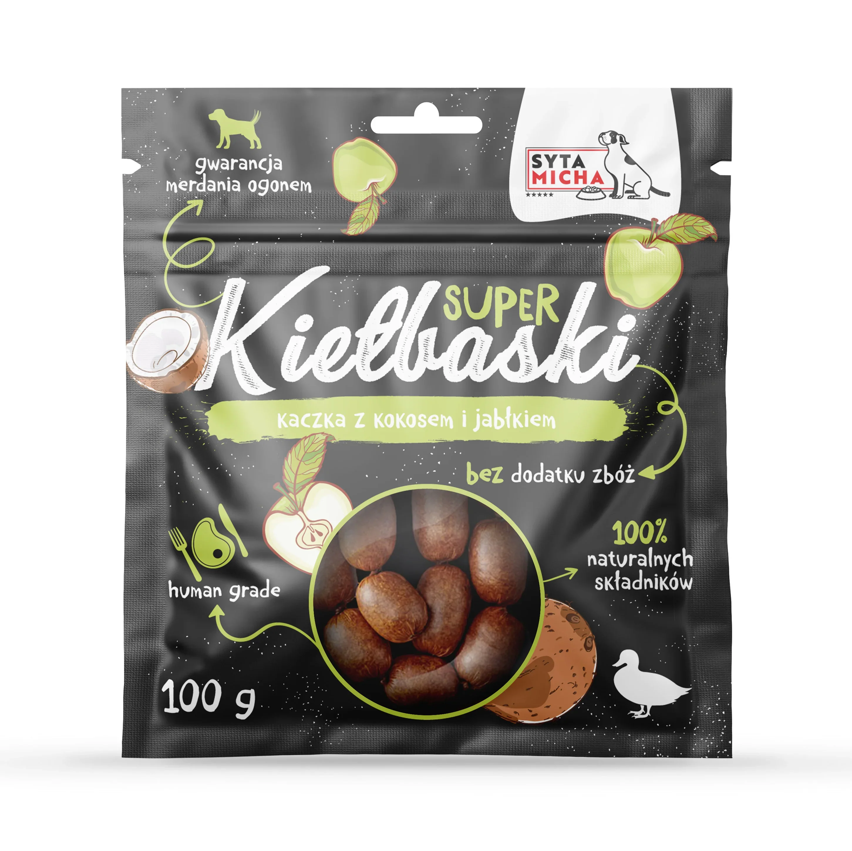 Syta Micha kolbászka kutyáknak kacsával, kókusszal és almával 100g